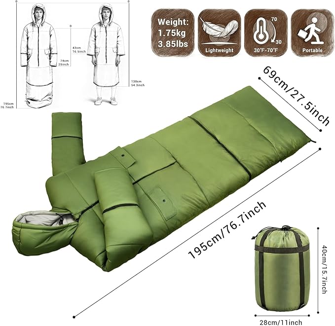 Wearable Sleeping Bag Adult Outdoor &amp Indoor Sleeping Bags Applicable Temperature 25℉-50℉ Designed for Camping Hiking Backpacking and Other Outdoor Adventures
