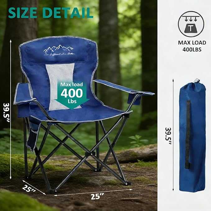 Camping Chairs for Adults Heavy Duty 400lbs Capacity Folding Chair with Large Anti-Sink Feet &amp Cup Holder Extra Wide Portable Outdoor Chair for Camping Beach Lawn Fishing Blue