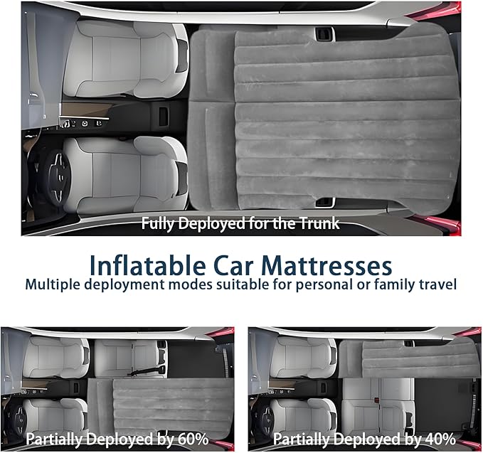 Car Air Mattress - Inflatable Camping Bed Compatible with Tesla Model Y Thickened Flocked AirBed for Trunk/Backseat/Sedan/SUV/RV Sleeping Pad with Pump and 2 Pillows for Camping Travel Outdoor Grey