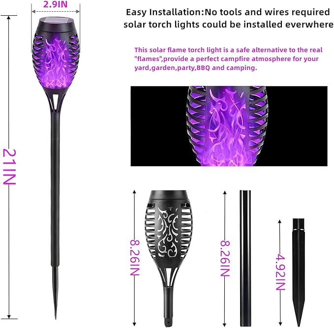 Solar Torch Light with Flickering Flame4Pack Solar Lights OutdoorWaterproof Solar Powered Yard Garden LightsSolar Flame LightTorches Lighting for Outside Patio Lawn Path Decorations (Purple)