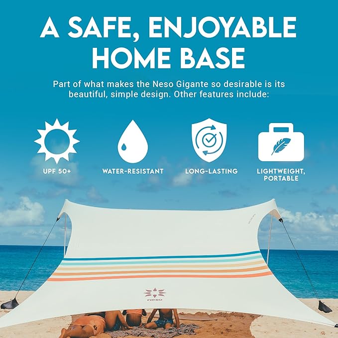 Neso Gigante Portable Beach Tent Sun Shelter - Lightweight Beach Shade Canopy - Easy Setup for Family Outings - Patented Reinforced Corners - UPF 50+ Sun Protection - 8ft Tall 11 x 11ft - Rainbow