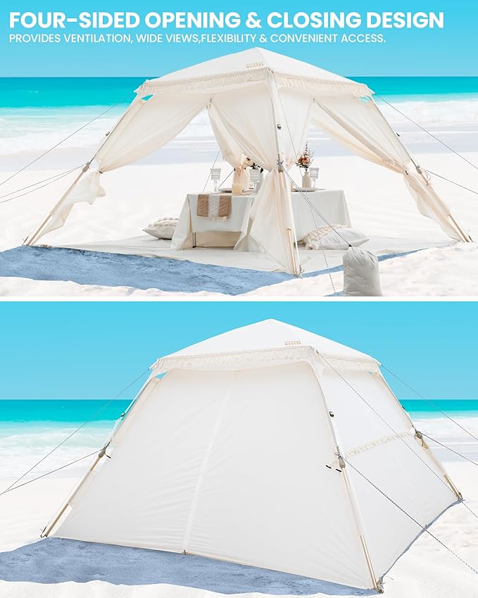 OutdoorMaster Pop Up Beach Tent with Fringe for 4 Person Easy Setup and Portable Beach Shade Sun Shelter Canopy with UPF 50+ UV Protection 11MM Thick Pole