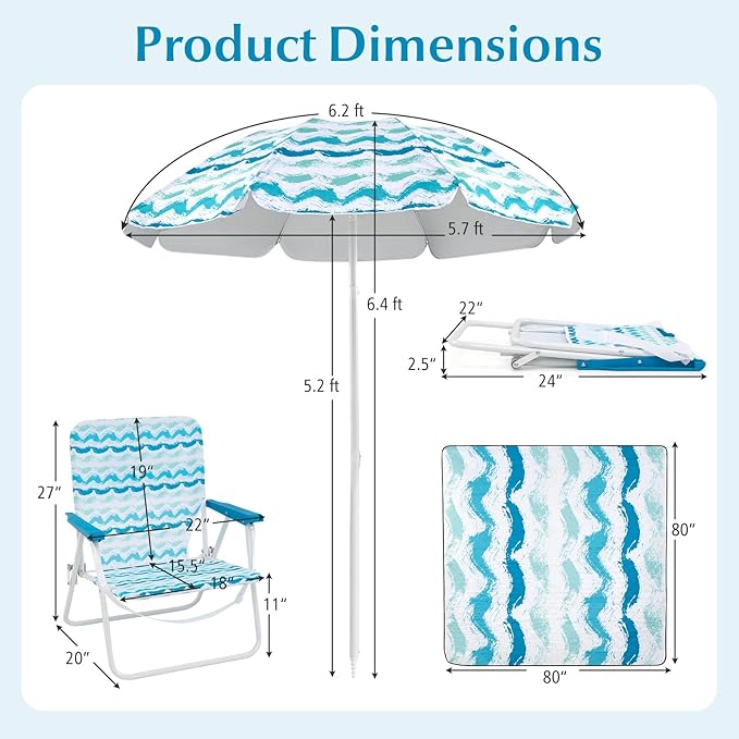 Tangkula 4 Pieces Beach Chair Set 2 Backpack Beach Chairs with Umbrella &amp Blanket Cup Holder &amp Armrests UPF50+ Folding Beach Umbrella with Tilt Adjustment Carrying Bag &amp Sand Anchor (B