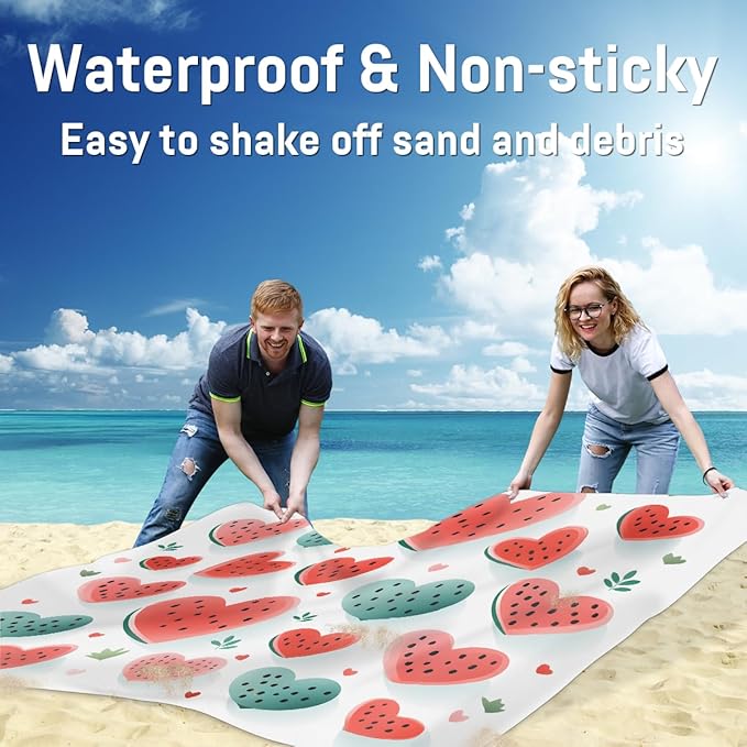 Waterproof Sandproof Beach Blanket 59''×68'' Frui Polyester Outdoor Picnic Blanket with 4 Stakes &amp Storage Bag for BeachCampingVacation Love Watermelon