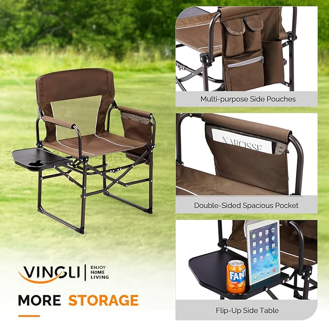 VINGLI Camping Chairs Directors Chair Camping Chair with Side Table &amp Carry BagHeavy Duty Camping Chairs for Adults Portable Folding Camping Chair Pocket for Beach FishingTripPicnicLawn-B