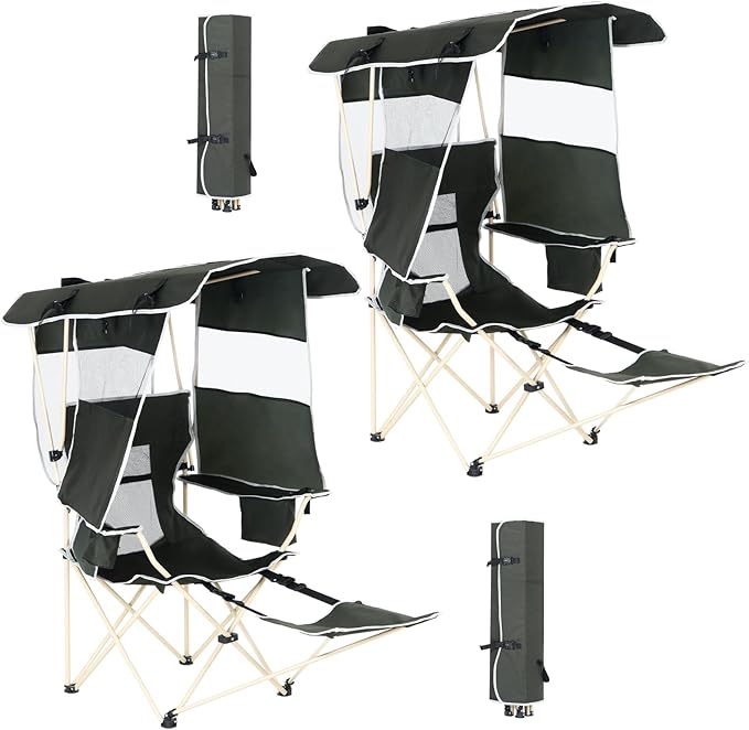 Camping Chairs with Shade Sports Chair with Canopy Folding Camping Chair with Cooler and Cup Holder Foldable and Lightweight for Camping Sports Events &amp Patio (2-Pack with Footrest)