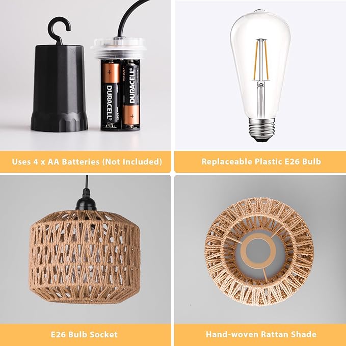 Battery Operated Outdoor Chandelier Battery Power Hanging Pendant Lights Woven Rattan Gazebo Light Outdoor Waterproof for Gazebo Pergola Porch Indoor Outdoor Decor Lighting (7.8)