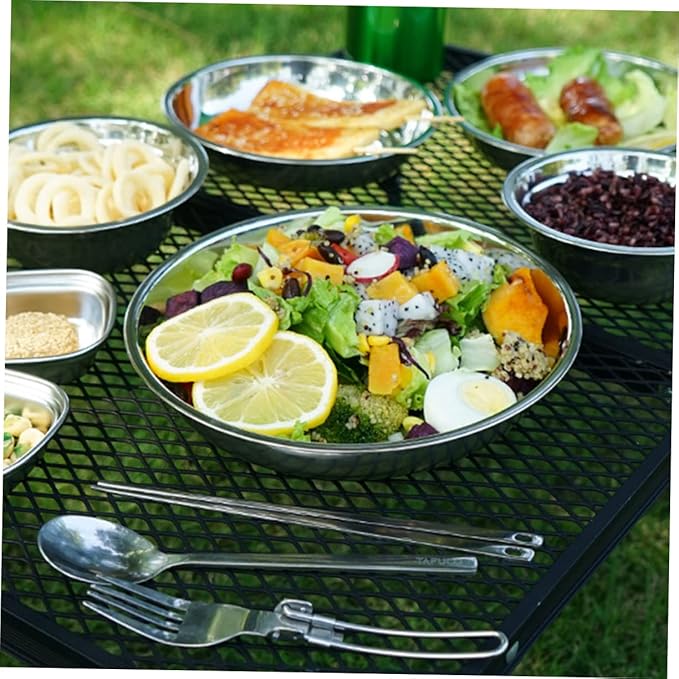 BESPORTBLE 1 Set Portable Stainless Steel Camping Dishes Complete Outdoor Dining Tools with Bowl Plate and Utensils for Travel Hiking and Picnics Includes Storage Bag for Easy Carrying
