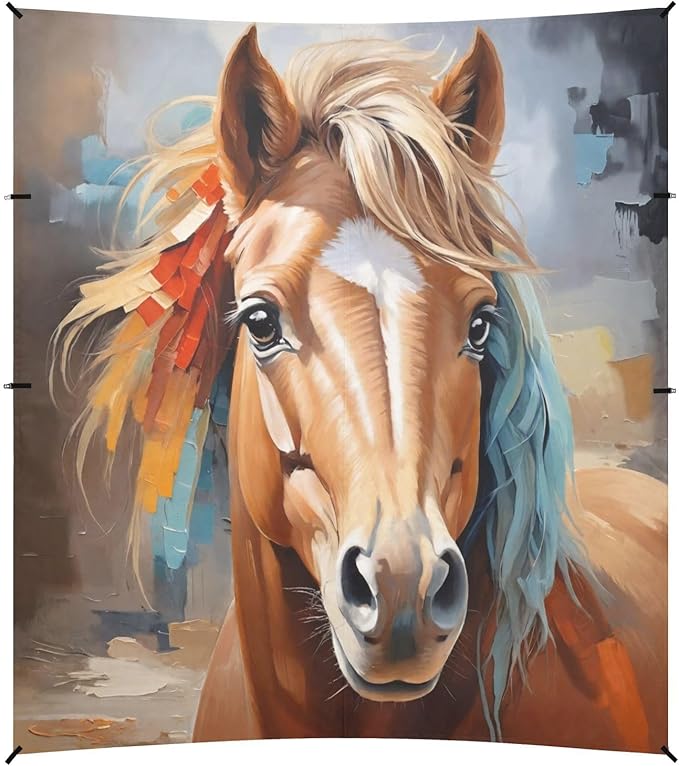 Oil Painting Horse Beach Tent Sun Shelter 9.2' x 10.5' Beach Canopy with 4 Sandbags 4 Stability Poles Sand Shovels - Tent Canopy for Beach Camping Fishing Picnics