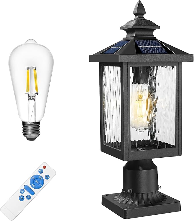 FEMILA Solar Post Lights Outdoor 17 Dusk to Dawn Lamp Posts Outdoor Lighting Aluminum Glass Light Posts for Outside Driveway Garden with Remote Control 4FYX88P SL BK SW
