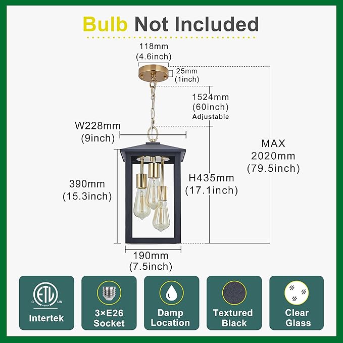 3-Lights Large Outdoor Pendant Light with Clear Glass17Inch Ht Exterior Hanging Lantern with Textured BlackSuit for Damp LocationsEasily Installed on Your Porch &amp Patio Yard Garden.