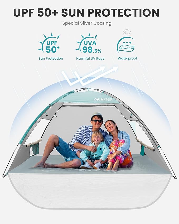 OutdoorMaster Update Beach Tent Sun Shelter with 2 Ventilated Doors UPF50+ Easy Setup Beach Tent Canopy for 3 Person Portable Family Beach Umbrellas for Sand with Carrying Bag - Pale Green