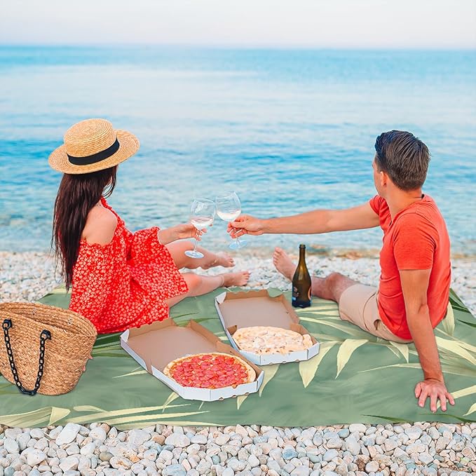 Waterproof Sandproof Beach Blanket 59''×68'' Plants Leaves Polyester Outdoor Picnic Blanket with 4 Stakes &amp Storage Bag for BeachCampingVacation Milk Green