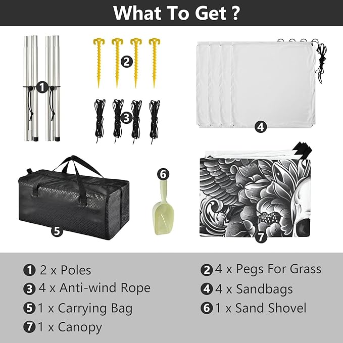 Tattoo Design Beach Tent Sun Shelter 9.2' x 10.5' Beach Canopy with 4 Sandbags 4 Stability Poles Sand Shovels - Tent Canopy for Beach Camping Fishing Picnics