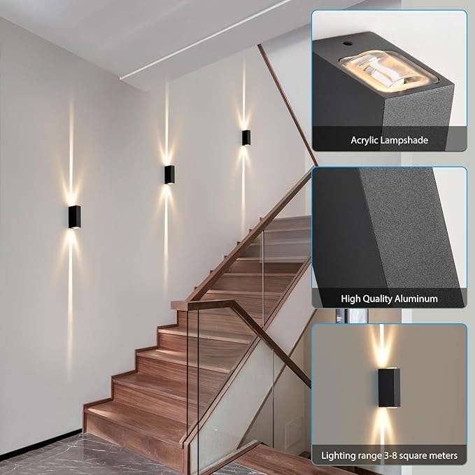 Outdoor Wall Light 2Pack LED Up and Down Lights IP65 Aluminum Waterproof Outdoor Wall Lamps Modern Porch Lantern Spotlights 3000k 6W Black Exterior Wall Sconces