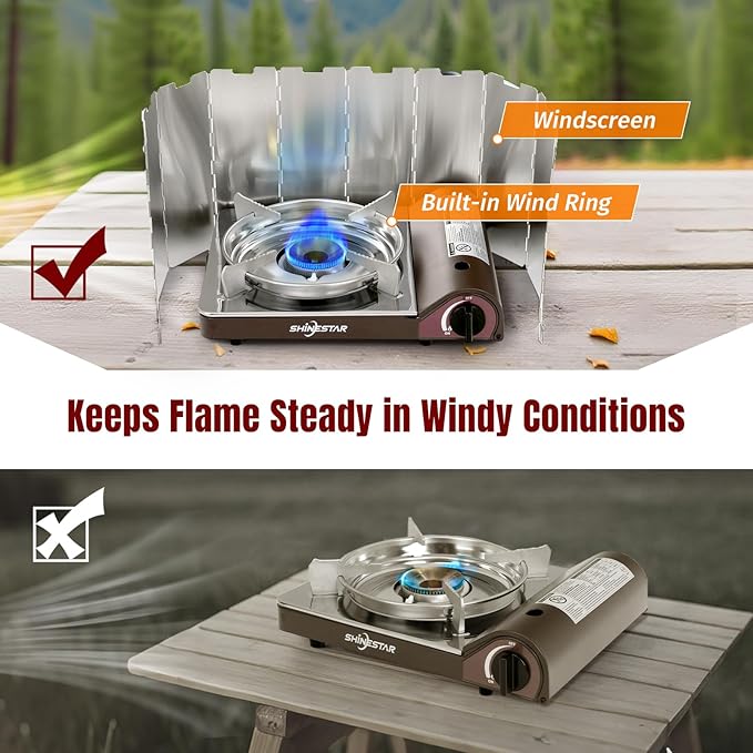 SHINESTAR 14000 BTU Butane Camping Stove Double Wind-Guard Portable Butane Stove for Camping Hiking Emergencies Tailgating Essentials Carrying Case Included Brown