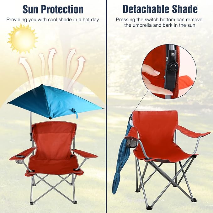 Foldable Beach Chair with Shade Canopy Camping Chair with Cup Holder and Carry Bag for Outdoor Camping Hiking Beach Picnic 220.5LBS (Red)