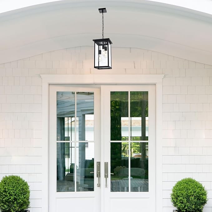 3-Lights Large Outdoor Pendant Light with Clear Glass Exterior Hanging Lantern Matte Black Height Adjustable Hanging Light Fixture for Porch Patio Damp Locations E26 Base