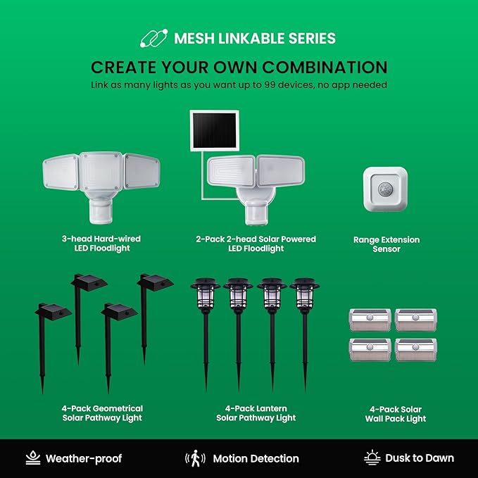 Mesh Linkable Series 4-Pack Solar LED Security Pathway Light w/ LiFePO4 Battery 300LM Auto-linking 110°x16 ft Motion Detection CCT 3000K/4000K/5000K 4-Channel Settings Stainless Steel Bronze