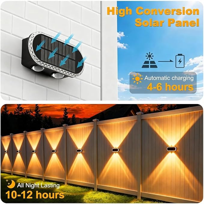 Solar Fence Lights Outdoor: Dual Focused LED Up Down Wall Lighting - IP65 Waterproof - 3000K/4000K/6000K 3 Modes 10-12H Lasting - Easy to Install for Porch Backyard 4 Pack