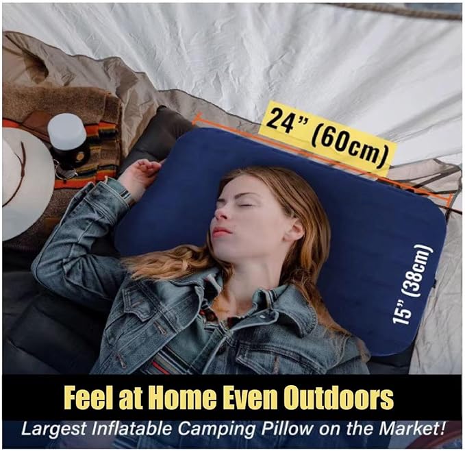 TREKOLOGY Camping Pillow - Large Inflatable (24x15) for Home-Like Comfort Portable &amp Ergonomic Easy to Clean Durable &amp Leak-Proof Removable Strap for Secure Fit – ALUFT Ultra (Blue)