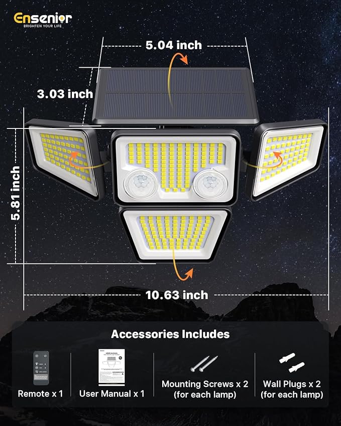 Ensenior Solar Lights Outdoor Motion Sensor Outdoor Light with Remote Control IP65 Waterproof 279 LED 4 Heads Solar Security Light with 4 Mode 270° Wide Angle Solar Flood Light for outdoor 4 Packs
