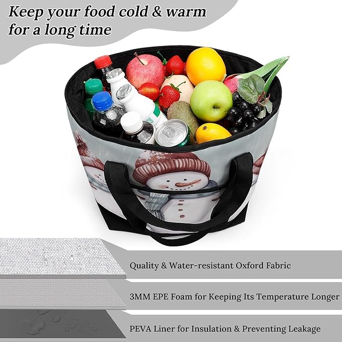 Insulated Shopping BagLarge Reusable Cooler Bags Winter Snowman Printed Foldable Shopping BagTravel Waterproof Shoulder Bag