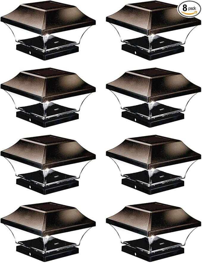 Solar Post Lights | Automatic ON/Off Waterproof Outdoor Cap Lights for 4 x 4 Wooden Post | Cool White 8-Pack (Brown)