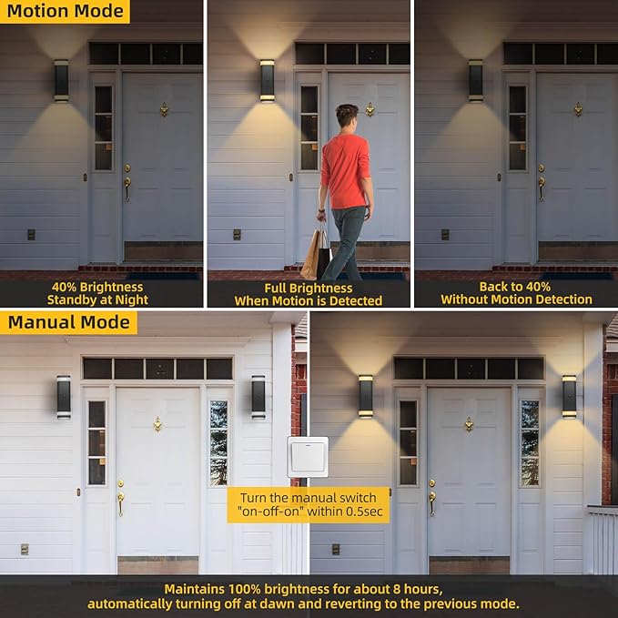 SHIMR Motion Sensor Outdoor Wall Lights 2 Pack Modern Dusk to Dawn Up Down Sconce with 3 Modes WaterprExterior Lighting Fixtures for Porch Garage Patio 3000K LED Bulb Included Black Finish