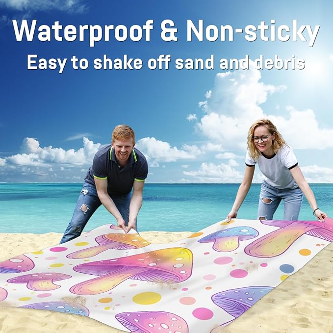 Waterproof Sandproof Beach Blanket 59''×68'' Dream Mushrooms Polyester Outdoor Picnic Blanket with 4 Stakes &amp Storage Bag for BeachCampingVacation White
