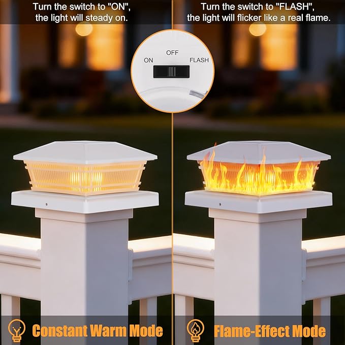 8 Pack Flame Post Solar Lights Flickering Flame &amp Warm Light Solar Lights for Fence Posts Waterproof Deck Post Lights for Porch Garden Yard for 4x4 5x5 6x6 Vinyl/Wooden Posts White