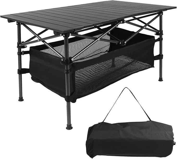 Folding Camping Table Portable Aluminum Roll-up Lightweight Picnic Table with Large Storage Basket and Carrying Bag for Camping Picnic BBQ Beach Party Backyard