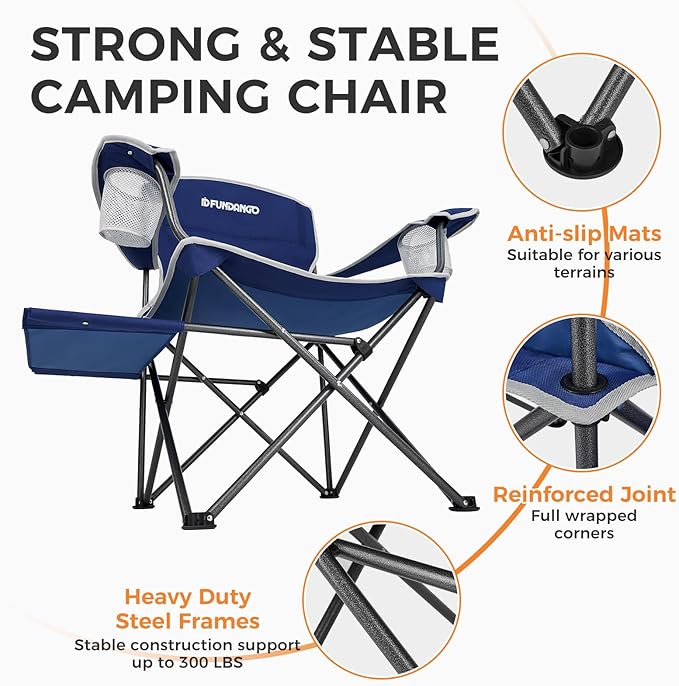 FUNDANGO Folding Padded Camping Chair Portable Outdoor Full Back Lawn Arm Chair with Side Table Cup Holder Side Pocket for Garden Picnic BBQ with Carry Bag Support 300LBS