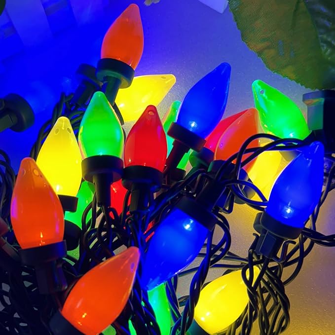 26.4Ft - 50 LED Bulbs Multicolor C7 LED Christmas Lights Outdoor Big Bulb Colored Christmas Tree Lights Plug in Colorful C7 String Lights for Multicolored Indoor Outdoor Xmas Decorations 0.6W = 7W
