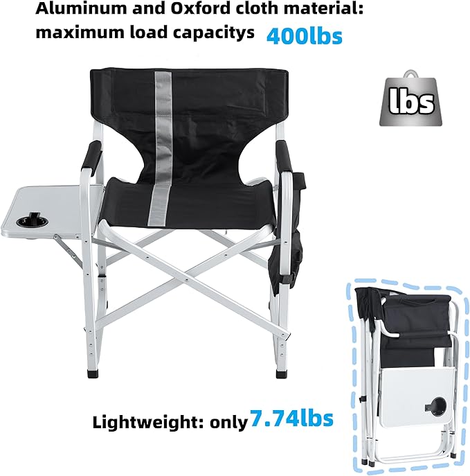 400LBS Heavy Duty Camping Director Chair - Lightweight Aluminum Frame with Foldable Side Table 600D Oxford Seat &amp 3 Storage Pockets Portable for CampingSportsIndoor/Outdoor Adults Use