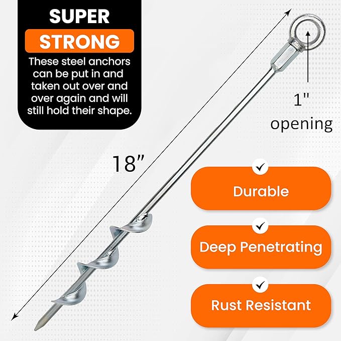 Earth Anchors - 18 Set of 4 Heavy Duty Ground Stakes - Screw in Anchors for Mobile Homes Sheds Swing Sets Trees Awnings &amp Canopies - Includes Drill Bit