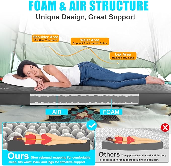 Self Inflating Sleeping Pad with Electric Pump 4 Thick Ultralight Memory Foam Camping Mattress Telescopic &amp Compact Fast Inflate Insulated Camping Air Mats for Car Travel/Tent/Cot Grey