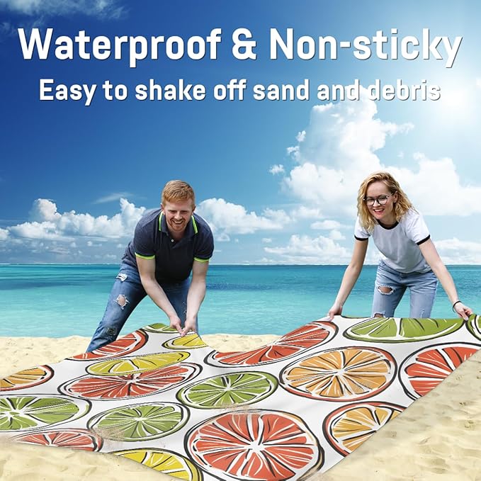 Waterproof Sandproof Beach Blanket 59''×68'' Simply Lemon Polyester Outdoor Picnic Blanket with 4 Stakes &amp Storage Bag for BeachCampingVacation White