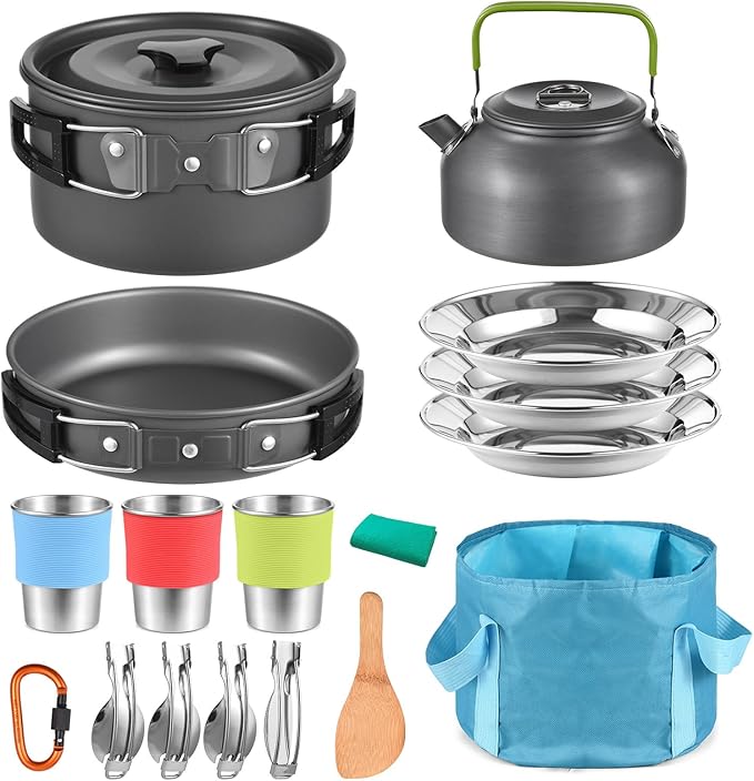 Camping Cookware Mess Kit Lightweight Aluminum Alloy Includes Pot Pan Kettle Dishes Cups Utensils Folding Bucket and Carrying Bag - Compact Outdoor Cooking Set for Hiking