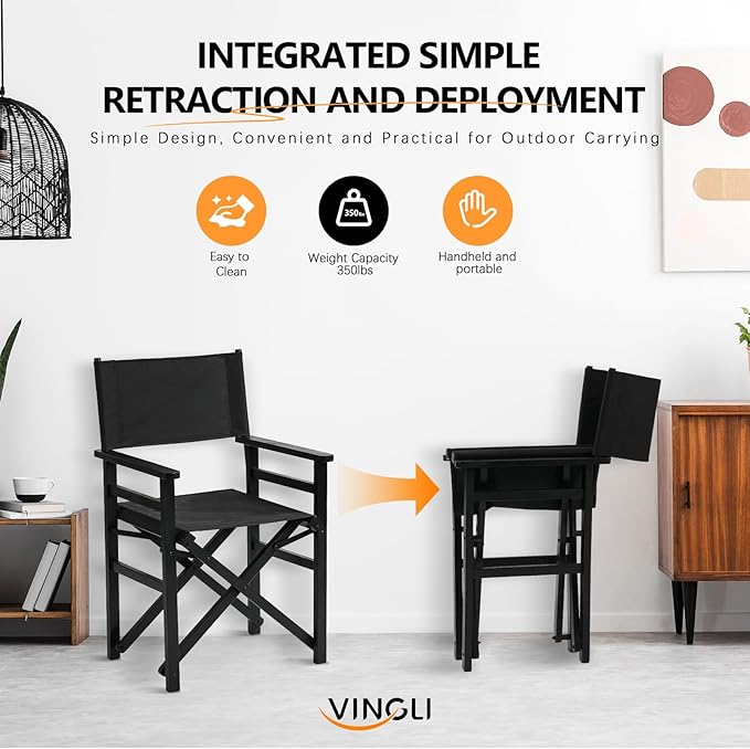 VINGLI 18.5 Folding Directors Chair Set of 2 with Solid Wood Frame &amp Beige Canvas Durable Portable for Outdoor Patio Camping Use Black