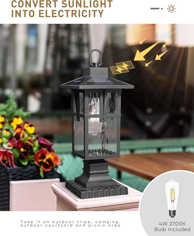 Solar Post Lights Outdoor HWH Exterior Lamp Post Light Fixture Waterproof Pier Mount Light with Water Ripple Glass Patio Garden 5HX62P-ML SL BK