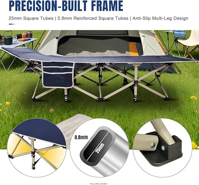 YELLOW JACKET Camping Cot with Mattress for Adults Folding Sleeping Cot 600lbs Max Load Portable Camping Cot with Carry Bag 28 Wide Cot for Camping HomeOfficeTravel (Blue)