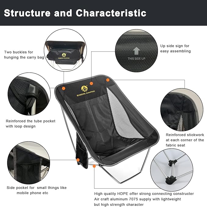 Ultralight Folding Camping Chair Low Lightweight Foldable Camp Chairs with Carry Bag for Hiking Backpacking Picnic Outdoor Concert Sports Events Beach