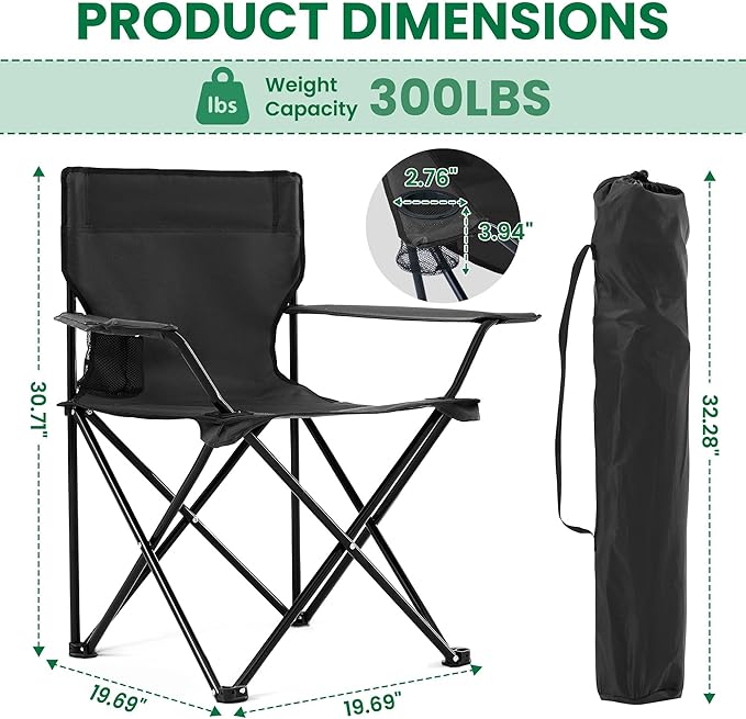 2-Pack Foldable Camping Chairs with Cup Holder 300LB Lawn Portable Folding Chairs for Adults Lightweight Outdoor Beach Chairs with Carry Bag for Camp Fishing Sports (Black)