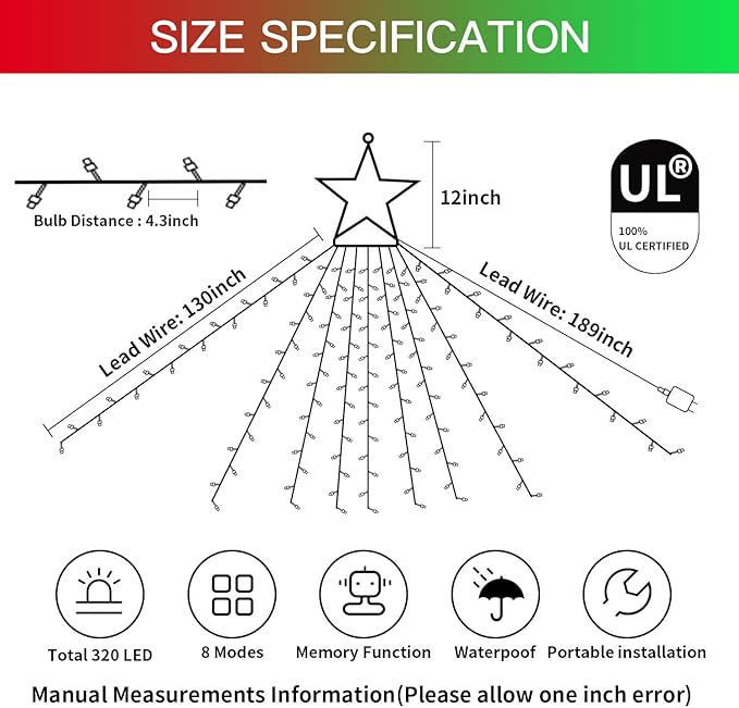 Outdoor Christmas Lights Christmas Decoration Lights 320 LED Christmas Tree Toppers String Lights[8 Modes &amp Waterproof] for Halloween Xmas New Year Holiday(Iron Star-Red &amp Green)