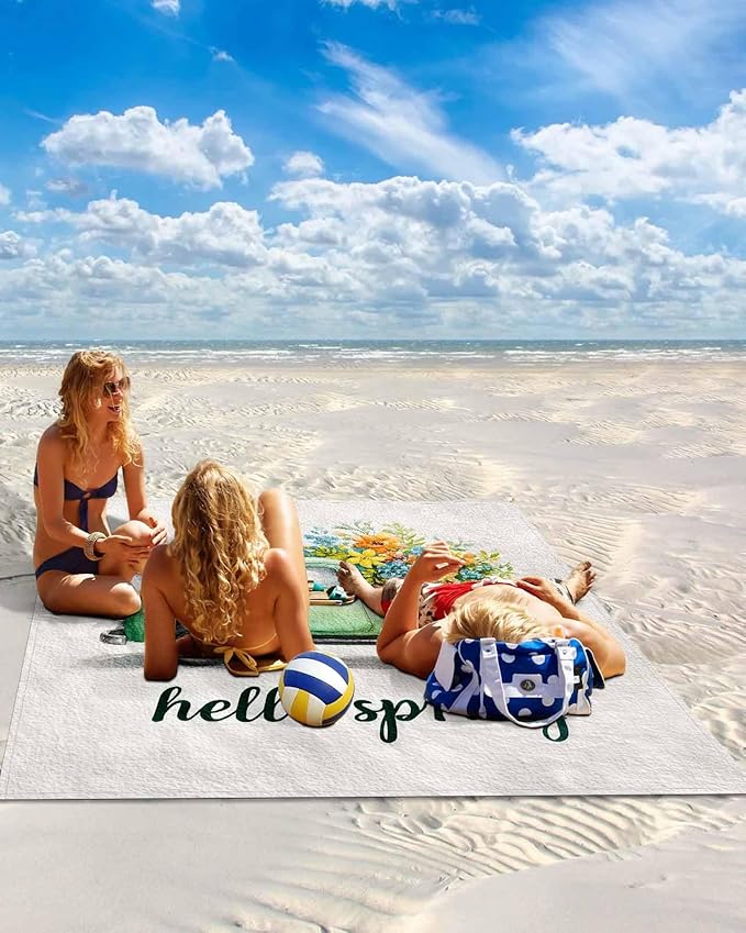 Beach Blanket Waterproof Sandproof OversizedHello Spring Green Truck Flower Beach Mat with Corner Stakes Sand PocketsWatercolor Floral Art Outdoor Picnic Mat for Travel Camping Hiking118x108In
