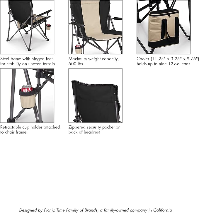 Picnic TIME NFL Green Bay Packers Big Bear XXL Camp Chair with Cooler Heavy Duty Beach Chair 500 lb Capacity Camping Chair with Carry Bag (Black)
