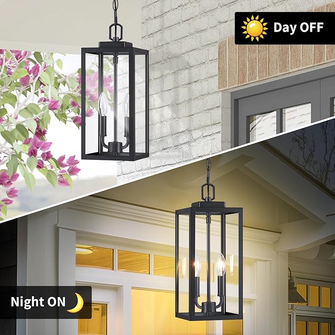 15'' Large Outdoor Pendant Light 2-Light Modern Black Metal Outside Chandelier Exterior Hanging Fixture Ceiling Mount with Clear Glass for Front Porch Entrance Foyer Entryway 1 Pack