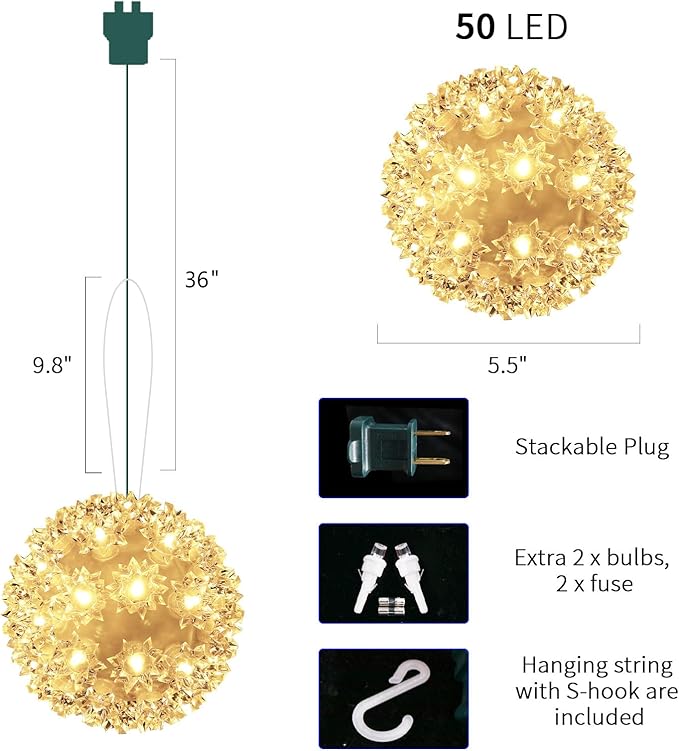 Christmas Lights Ball 5.5 Sparkling Outdoor Hanging Twinkling Sphere Lights 50 LED Starlight Soft Twinke for Tree Porch Decorations Warm White