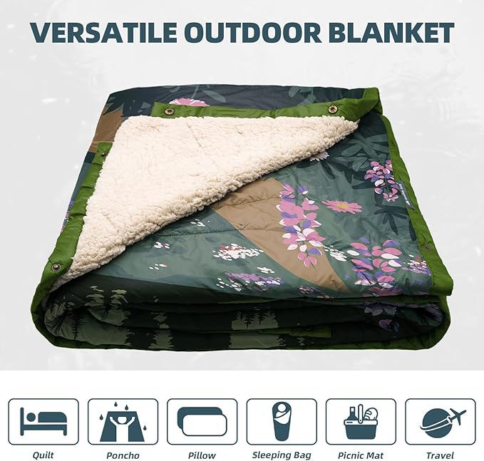 Outdoor Camping Blanket with Sherpa Lining Extra Warm Thick Camp Blankets and Puffy Ultralight Soft Poncho DWR Camping Quilt for Cold Weather Adventure Sleeping Backpacking 78x 56
